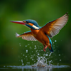 Obraz premium The image features a kingfisher bird in mid-flight, with its wings spread wide, about to plunge into the water to catch a fish. The bird's vibrant blue and orange plumage is clearly visible, and water
