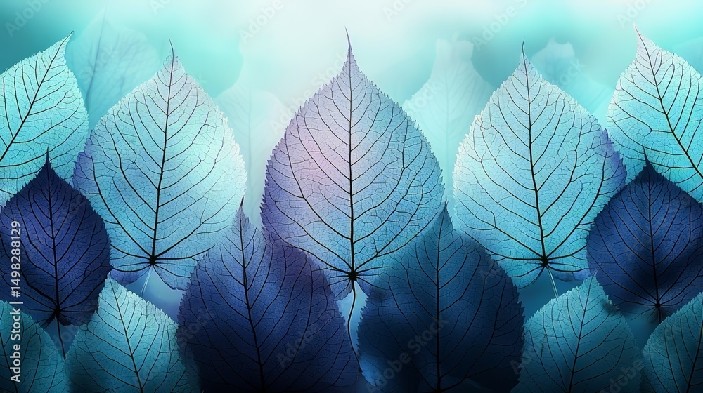 Poster blue leafy background with a bunch of leaves in various shades of blue. the leaves are arranged in a