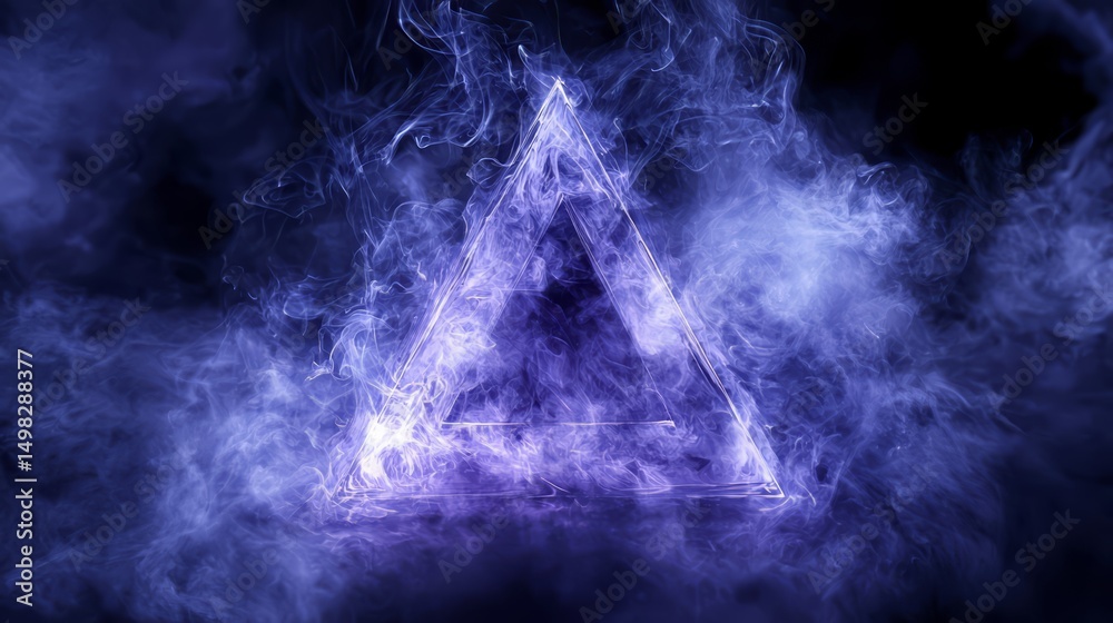 Poster blue triangle is lit up by a blue smoke. the smoke is thick and dense, creating a sense of mystery a