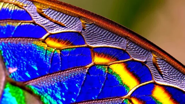 Detailed close-up shows the iridescent colors and intricate veins of a dragonfly wing; natural patterns displayed.