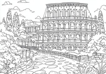 古代建築の線画イラスト、コロッセオ風建造物と緑豊かな風景