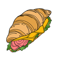 Fresh bakery croissant with salty flavor taste lettuce, tomato, meat or salmon, cheese. Sweet morning french cuisine breakfast. Appetizing and delicious outline art