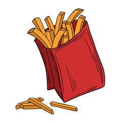 French potato fries in paper bag. Fast food delicious meal. Takeout american food snack stick in box. Outline food art