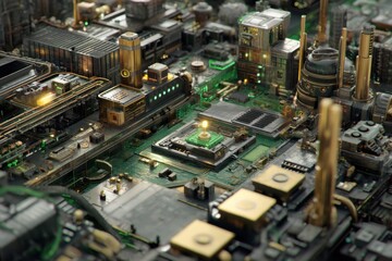 マザーボードの精密な構造、CPUを中心とした電子部品群