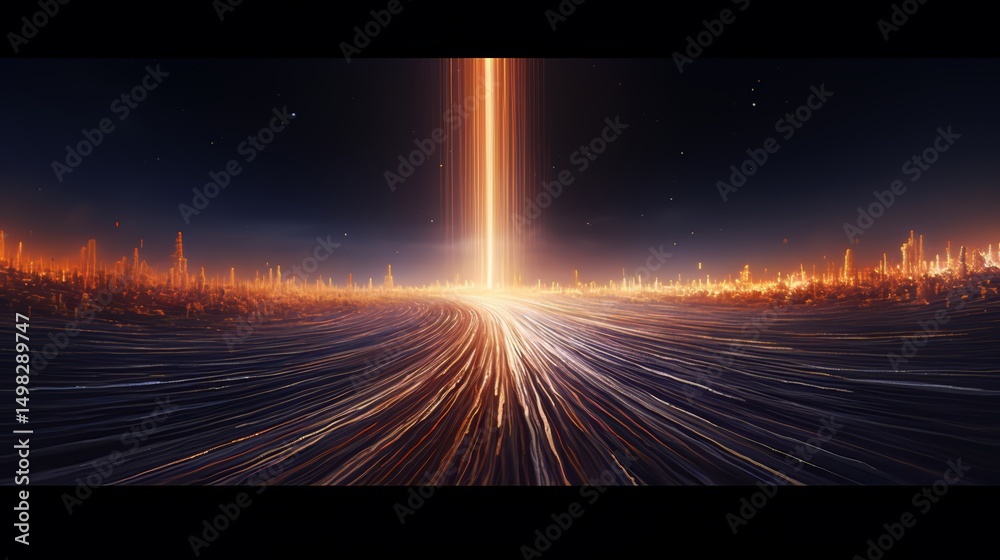 Poster Cityscape with a large orange object in the middle. The orange object is a glowing light that seems to be emanating from the ground. The cityscape is filled with buildings and other structures