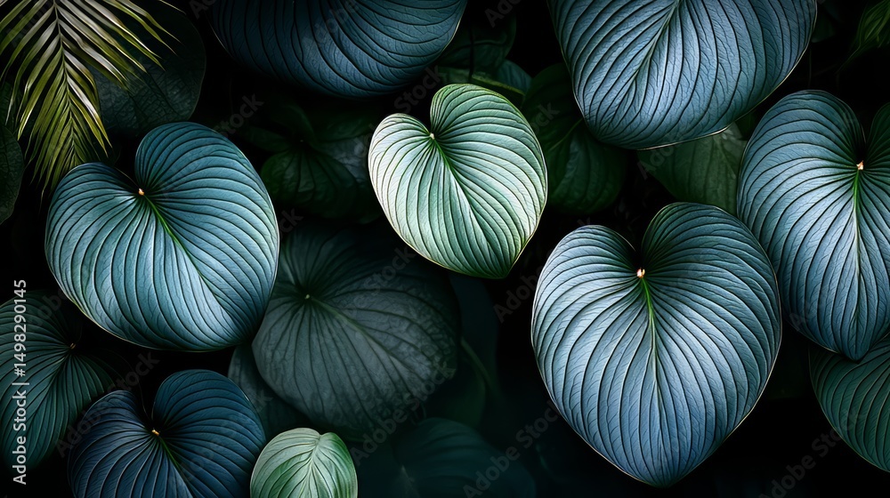 Aufkleber Close up of a bunch of leaves with a blue hue. The leaves are arranged in a way that they form a heart shape. The image has a calming and serene mood