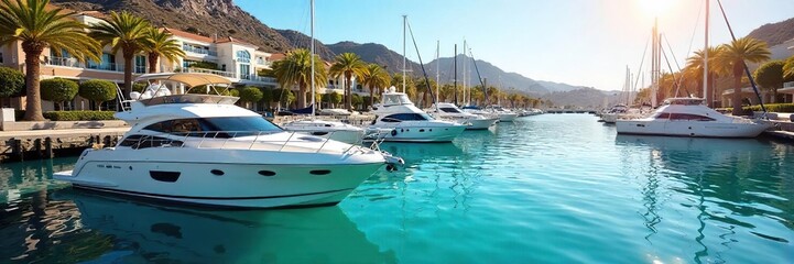 Sun-drenched yachts bob gently in a California marina, surrounded by upscale waterfront buildings and clear blue water  A picturesque scene of coastal luxury and tranquility ,  yachts,  sunset,  dock