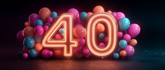 Colorful 40th Birthday Celebration: Neon Number and Vibrant Design for Milestone Party Advertising