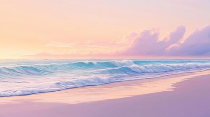 Pastel serenity: Tranquil beach scene with gentle waves and soft sunset hues