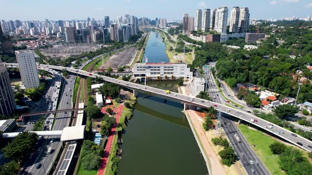 Marginal Pinheiros At Sao Paulo Brazil. Aerial View Of A Bustling City With High-Rise Buildings And Traffic. Business Sky Background Downtown Cityscape. Backgrounds Up Above. Sao Paulo Brazil.