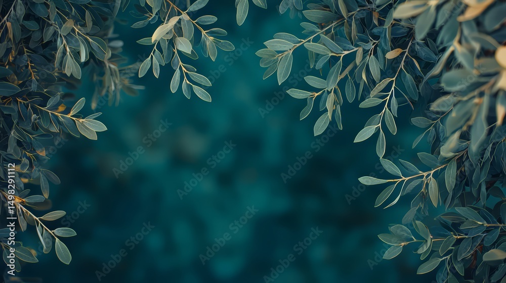 Poster close up of green leaves with a blue background. the leaves are in a frame and the background is a d