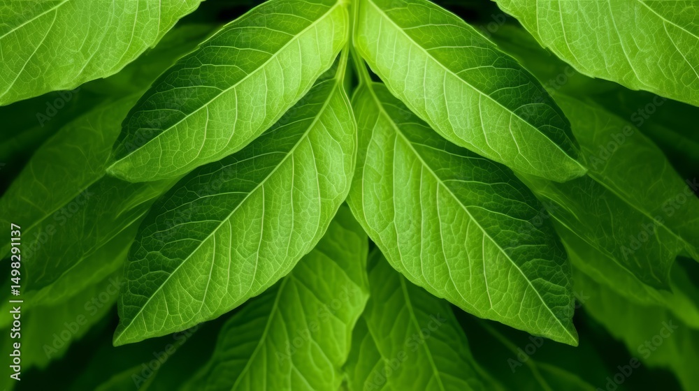 Poster Close up of green leaves with a bright green color. The leaves are arranged in a way that they look like they are overlapping each other. The image has a calming and peaceful mood