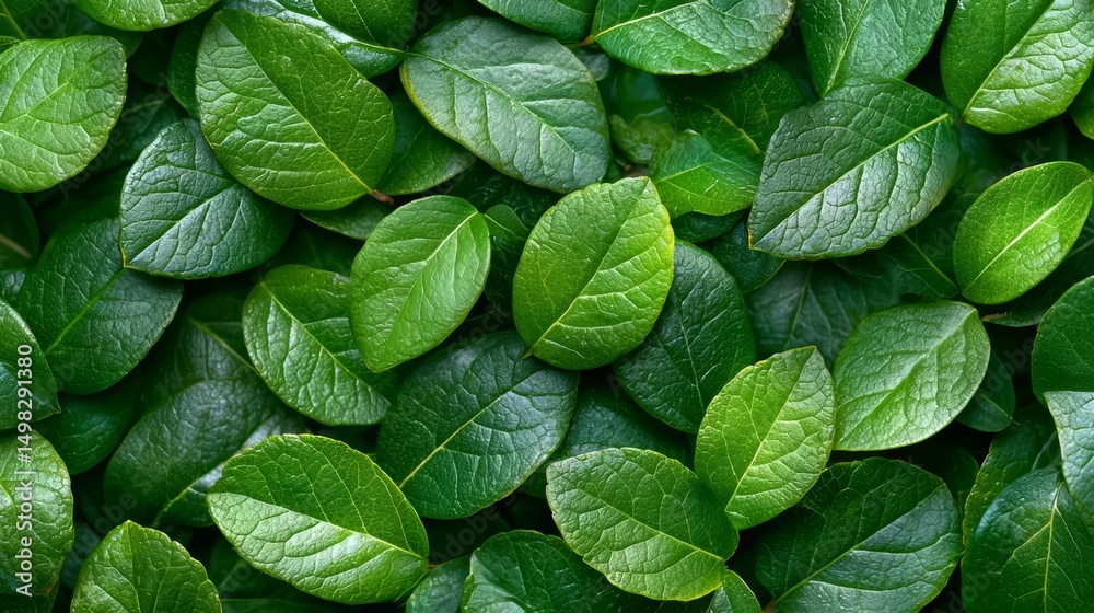 Poster close up of green leaves with a lush green background. the leaves are arranged in a way that creates