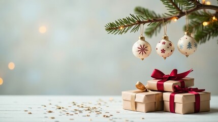 Festive Season Presents and Ornamental Baubles Hanging from a Decorated Evergreen Branch