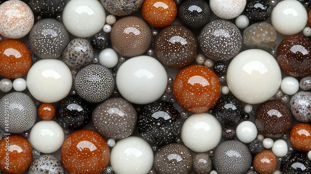 Poster close up of many different colored and sized glass balls. the balls are of various sizes and colors,