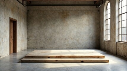 Rustic Industrial Interior with Elevated Wooden Platform and Large Windows Ideal for Product Display or Presentation