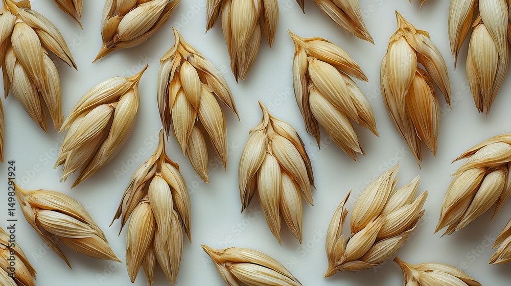 Poster Close up of many small grains of wheat. The grains are all different sizes and are scattered across the image