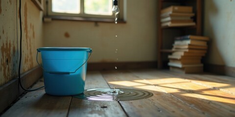 Leaky light fixture drips water into a blue bucket on a worn wooden floor