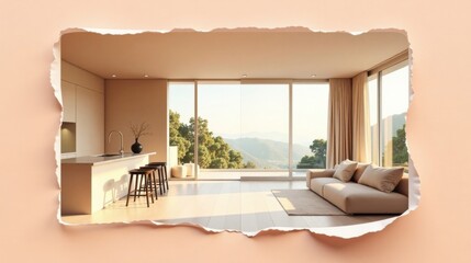 Serene Minimalist Living Space with Panoramic Mountain View Through Torn Paper Frame