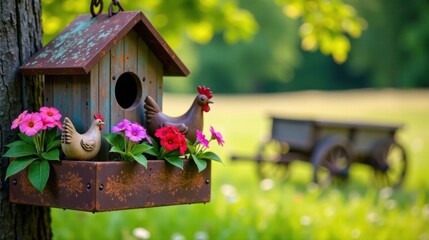 Rustic birdhouse with charming ceramic hens and vibrant flowers adorning a weathered wooden structure in a tranquil garden setting.