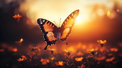 Butterfly caught mid dance wing fluttering soft breeze golden hour captured telephoto lens continuous burst mode warm golden light creates serene harmonious scene motion blur capturing beauty of