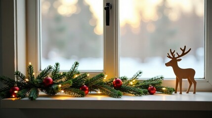Festive Evergreen Garland with Warm Lights and a Reindeer Adornment on a Windowsill, Creating a Cozy Holiday Atmosphere