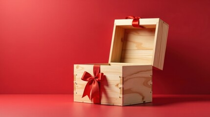An Empty Wooden Gift Box with a Red Ribbon Bow Awaits its Contents on a Vibrant Red Background