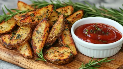Crispy roasted potato wedges with rosemary and thyme, served with a side of ketchup