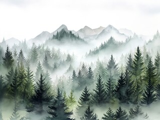Fototapeta premium Misty pine forest with mountains and fog in a soft watercolor painting