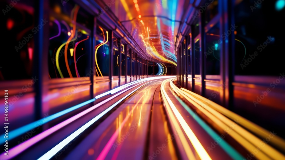 Poster Colorful tunnel with neon lights and a long, curved path. The tunnel is illuminated with a rainbow of colors, creating a sense of movement and energy
