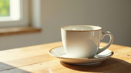 A sunlit ceramic teacup rests on a saucer atop a wooden table near a window