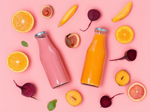 Pink and Orange Smoothies in Glass Bottles on Pink Background