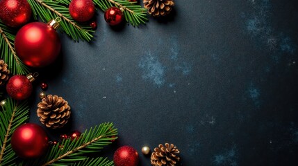 Festive Holiday Season Background Featuring Red Ornaments and Pine Cones on a Dark Surface