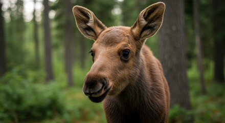 Fototapeta premium Majestic moose calf in lush forest serene beauty of nature captivating wildlife portrait