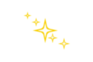 sparkling four point gold and yellow neon star icons with frame isolated on transparent background, flat five-star vector elements for app interfaces and web design.  gold star on a white