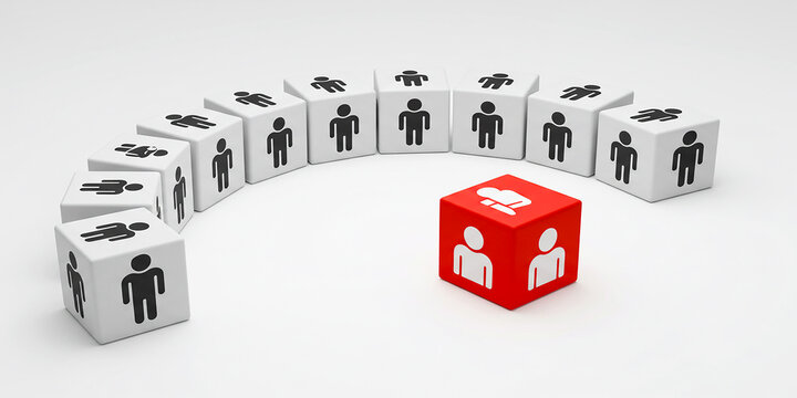 Red cube with security lock surrounded by white cubes with icons representing leadership and safety - Powered by Adobe