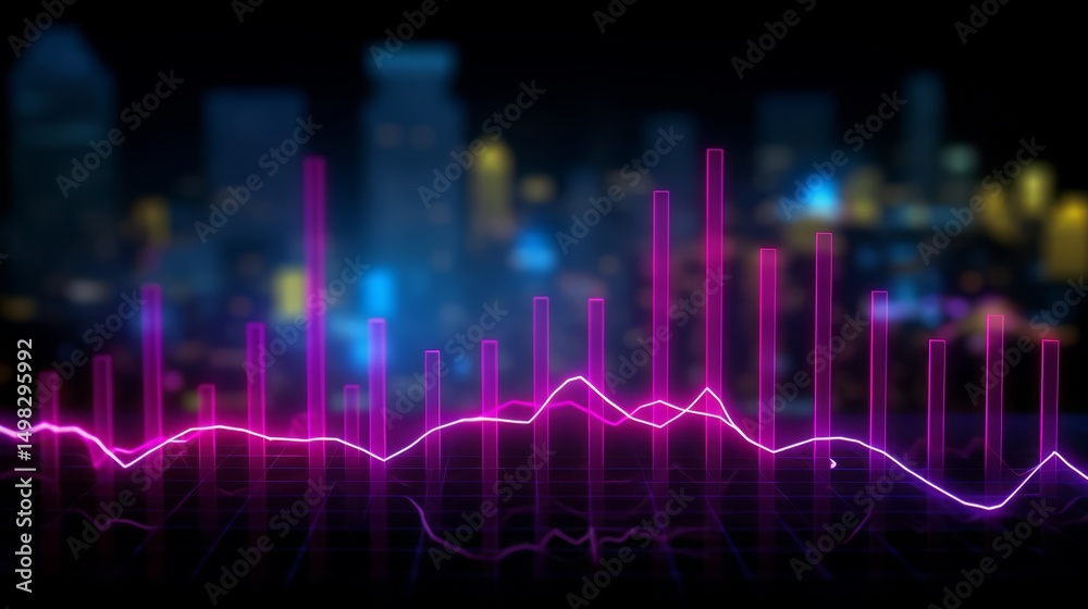 Aufkleber graph with pink lines and a city background. the graph is showing a downward trend. scene is somewha