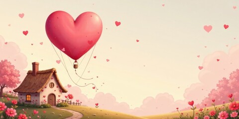Heart-Shaped Balloon Ascends Above Charming Cottage in a Romantic Landscape of Blooming Flowers and Gentle Hills