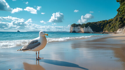 Fototapeta premium A seagull stands on a sandy beach, facing the ocean.