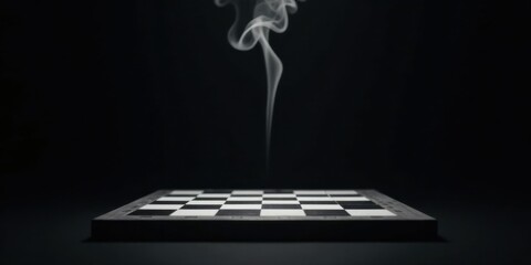 Ethereal Smoke Rising Above a Dark Chessboard, a Symbolic Representation of Strategy and the Unseen Forces at Play