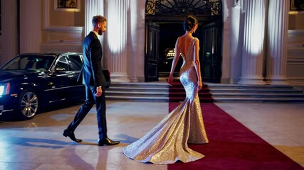 Elegant evening entrance: couple arrives at glamorous event on red carpet