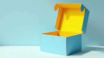 An open, vibrant blue and yellow cardboard box rests on a light blue surface, ready to hold a delightful surprise.
