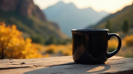 A solitary black mug rests on a rustic wooden surface, enjoying the golden hour's soft light against a breathtaking backdrop of sunlit mountains and autumnal foliage.