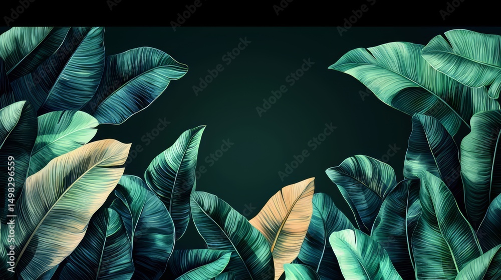 Poster green leafy background with a few leaves in the foreground. the background is dark and the leaves ar