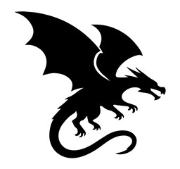 Silhouette of a Flying Dragon with Outstretched Wings and Curved Tail. Mythical Creature from Fantasy Legends, Medieval of Power and Magic, Heroic Monster in Epic Tales and Folklore.