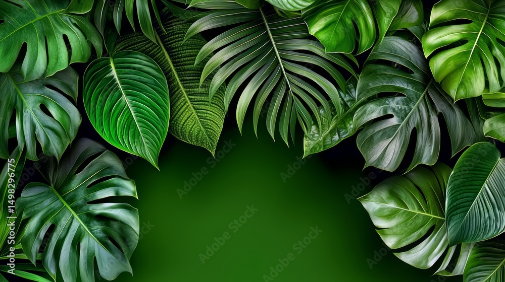 Poster green leafy background with a large green leaf in the foreground. the leaf is large and has a lot of
