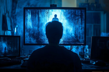Person engrossed in a computer  with a captivating blue screen display.
