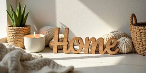 Sunlit Serenity Wooden Home Decor with Cozy Knitted Balls and a Burning Candle in a Basket