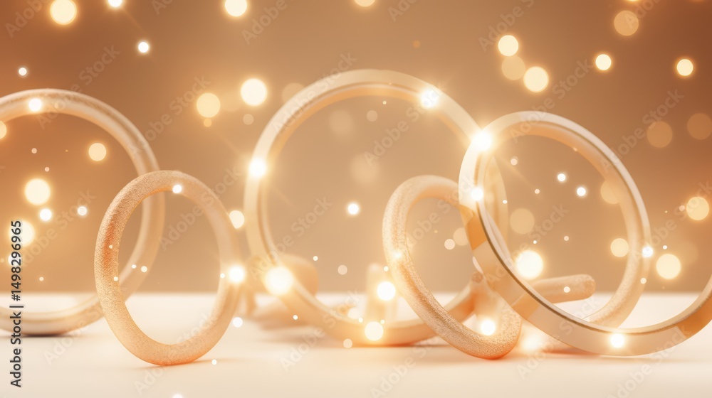 Poster Group of gold rings are arranged in a circle on a table. The rings are shiny and appear to be made of gold. The arrangement of the rings creates a sense of elegance and luxury