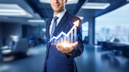 Realistic digital composite of a business executive holding a glowing upward arrow made of light, with layered stock charts, currency symbols, and financial growth icons in the background.